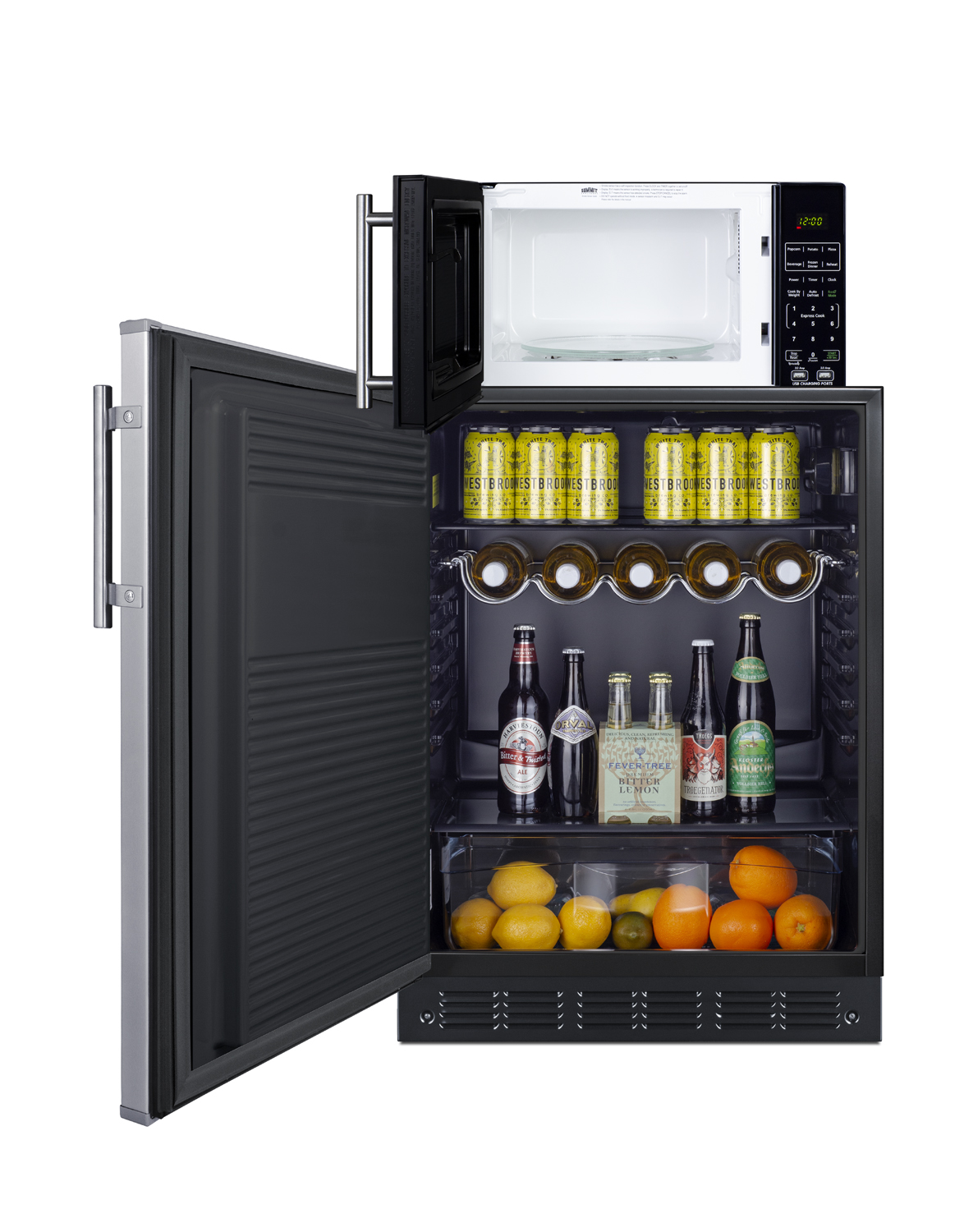 Counter height all-refrigerator with stainless steel door and compact microwave in black with allocator and USB ports for 1-plug operation; ships in three boxes on one pallet